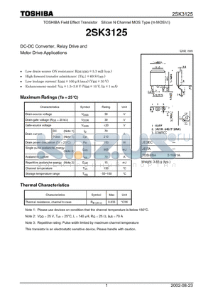 2SK3125 datasheet - TOSHIBA Field Effect Transistor Silicon N Channel MOS Type (PIE-MOSVI)