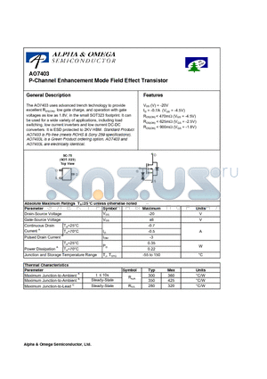 AO7403 datasheet - P-Channel Enhancement Mode Field Effect Transistor