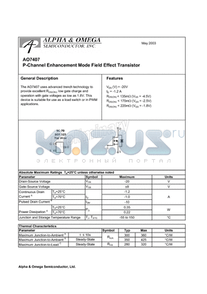 AO7407 datasheet - P-Channel Enhancement Mode Field Effect Transistor