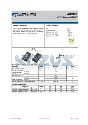 AO7407 datasheet - 20V P-Channel MOSFET