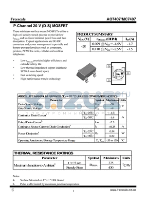 AO7407 datasheet - P-Channel 20-V (D-S) MOSFET High performance trench technology