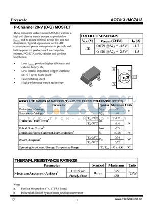 AO7413 datasheet - P-Channel 20-V (D-S) MOSFET High performance trench technology