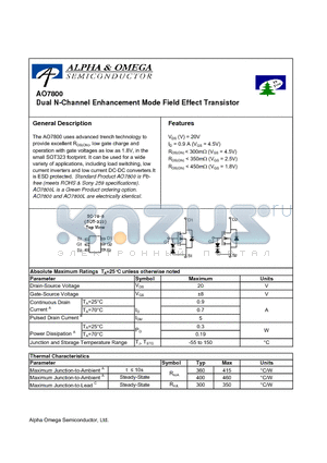 AO7800L datasheet - Dual N-Channel Enhancement Mode Field Effect Transistor