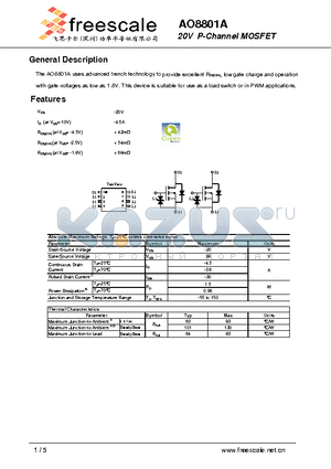 AO8801A datasheet - 20V P-Channel MOSFET