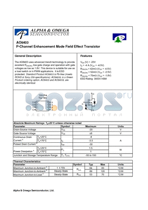 AO8403L datasheet - P-Channel Enhancement Mode Field Effect Transistor