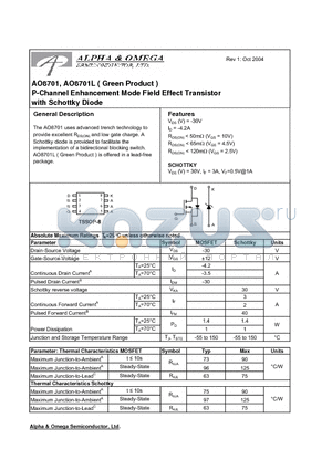 AO8701 datasheet - P-Channel Enhancement Mode Field Effect Transistor with Schottky Diode