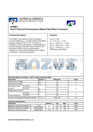 AO8801 datasheet - Dual P-Channel Enhancement Mode Field Effect Transistor