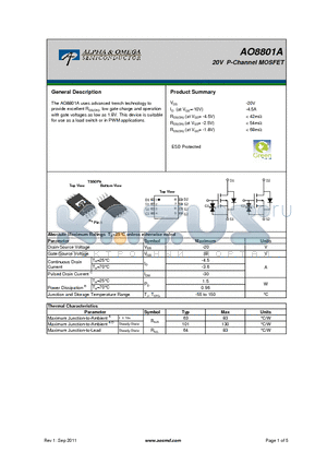 AO8801A datasheet - 20V P-Channel MOSFET