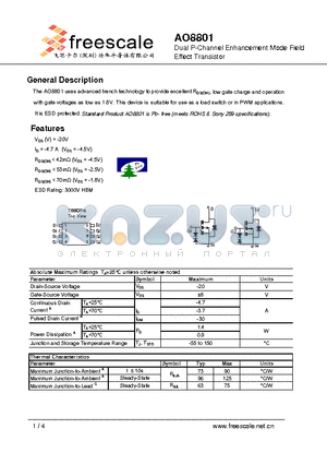 AO8801 datasheet - Dual P-Channel Enhancement Mode Field Effect Transistor