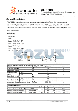 AO8804 datasheet - Common-Drain Dual N-Channel Enhancement Mode Field Effect Transistor