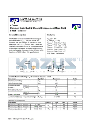 AO8804 datasheet - Common-Drain Dual N-Channel Enhancement Mode Field Effect Transistor