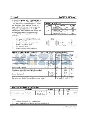 AO8807L datasheet - P-Channel 20-V (D-S) MOSFET High performance trench technology