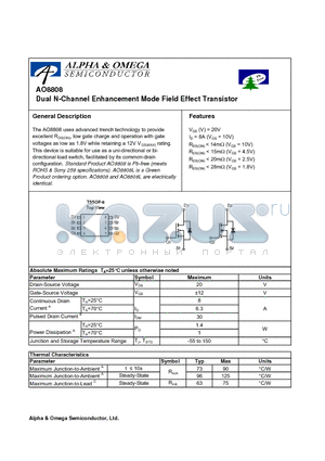 AO8808L datasheet - Dual N-Channel Enhancement Mode Field Effect Transistor