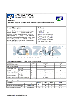 AO8808A datasheet - Dual N-Channel Enhancement Mode Field Effect Transistor