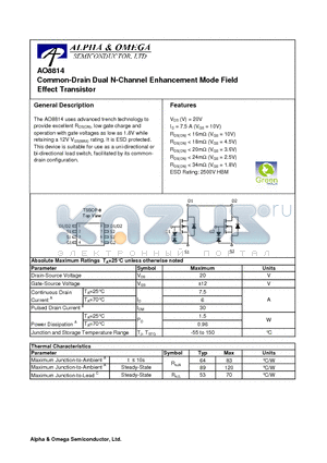 AO8814 datasheet - Common-Drain Dual N-Channel Enhancement Mode Field Effect Transistor