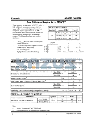 AO8820 datasheet - Dual N-Channel Logical Level MOSFET High performance trench technology