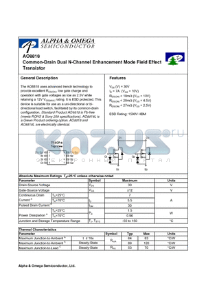 AO8818 datasheet - Common-Drain Dual N-Channel Enhancement Mode Field Effect Transistor