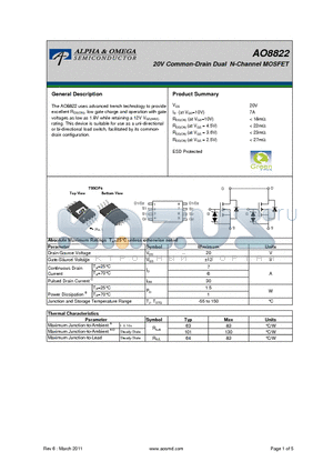 AO8822 datasheet - 20V Common-Drain Dual N-Channel MOSFET