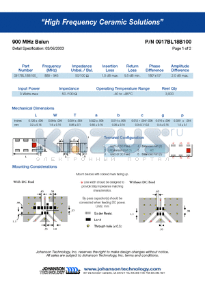 0917BL18B100 datasheet - 900 MHz Balun