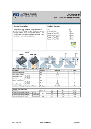 AO9926B datasheet - 20V Dual N-Channel MOSFET