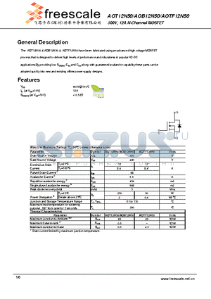 AOB12N50 datasheet - 500V, 12A N-Channel MOSFET