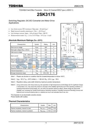 2SK3176 datasheet - Silicon N Channel MOS Type Switching Regulator, DC-DC Converter and Motor Drive Applications