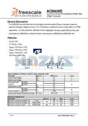 AO9926E datasheet - Dual N-Channel Enhancement Mode Field Effect Transistor