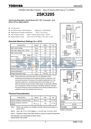 2SK3205 datasheet - Silicon N Channel MOS Type Switching Regulator Applications DC−DC Converter, and Motor Drive Applications