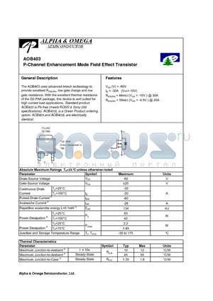 AOB403L datasheet - P-Channel Enhancement Mode Field Effect Transistor