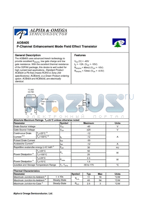 AOB405 datasheet - P-Channel Enhancement Mode Field Effect Transistor