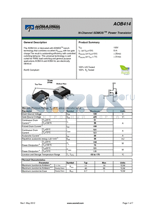 AOB414 datasheet - N-Channel SDMOS TM Power Transistor