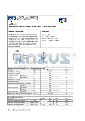 AOB418 datasheet - N-Channel Enhancement Mode Field Effect Transistor