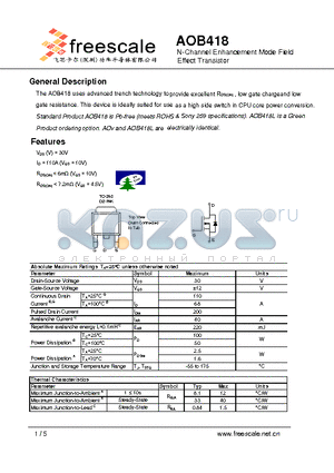 AOB418 datasheet - N-Channel Enhancement Mode Field Effect Transistor