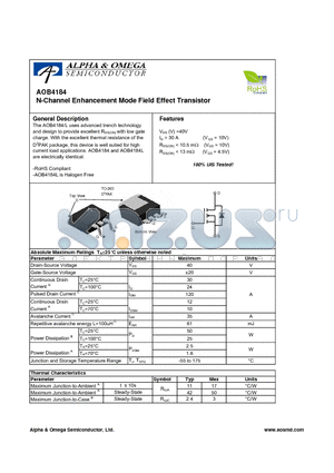 AOB4184L datasheet - N-Channel Enhancement Mode Field Effect Transistor