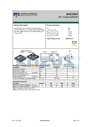 AOC2401 datasheet - 30V P-Channel MOSFET