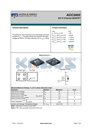 AOC2403 datasheet - 20V P-Channel MOSFET