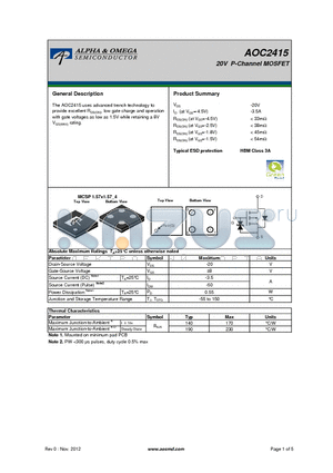 AOC2415 datasheet - 20V P-Channel MOSFET
