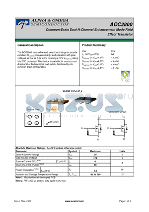 AOC2800 datasheet - Common-Drain Dual N-Channel Enhancement Mode Field Effect Transistor