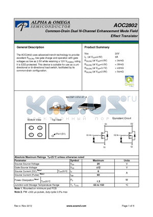 AOC2802 datasheet - Common-Drain Dual N-Channel Enhancement Mode Field Effect Transistor
