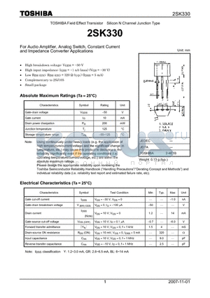 2SK330_07 datasheet - Silicon N Channel Junction Type For Audio Amplifier, Analog Switch, Constant Current and Impedance Converter Applications