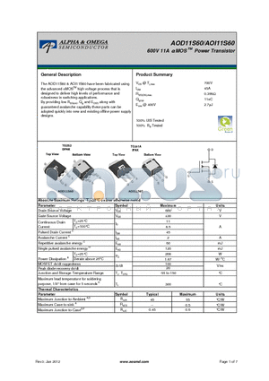 AOD11S60 datasheet - 600V 11A a MOS Power Transistor