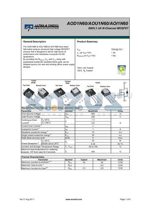 AOD1N60 datasheet - 600V,1.3A N-Channel MOSFET