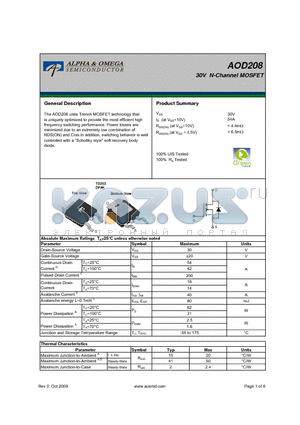 AOD208 datasheet - 30V N-Channel MOSFET