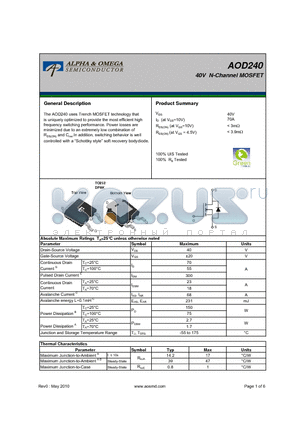 AOD240 datasheet - 40V N-Channel MOSFET