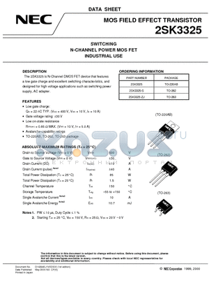2SK3325 datasheet - SWITCHING N-CHANNEL POWER MOS FET INDUSTRIAL USE