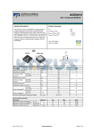 AOD2810 datasheet - 80V N-Channel MOSFET