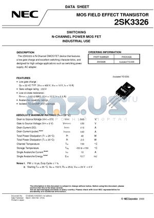 2SK3326 datasheet - SWITCHING N-CHANNEL POWER MOS FET INDUSTRIAL USE