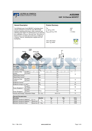 AOD2908 datasheet - 100V N-Channel MOSFET