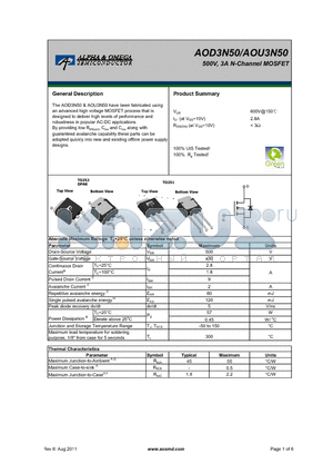 AOD3N50 datasheet - 500V, 3A N-Channel MOSFET