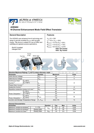 AOD402 datasheet - N-Channel Enhancement Mode Field Effect Transistor